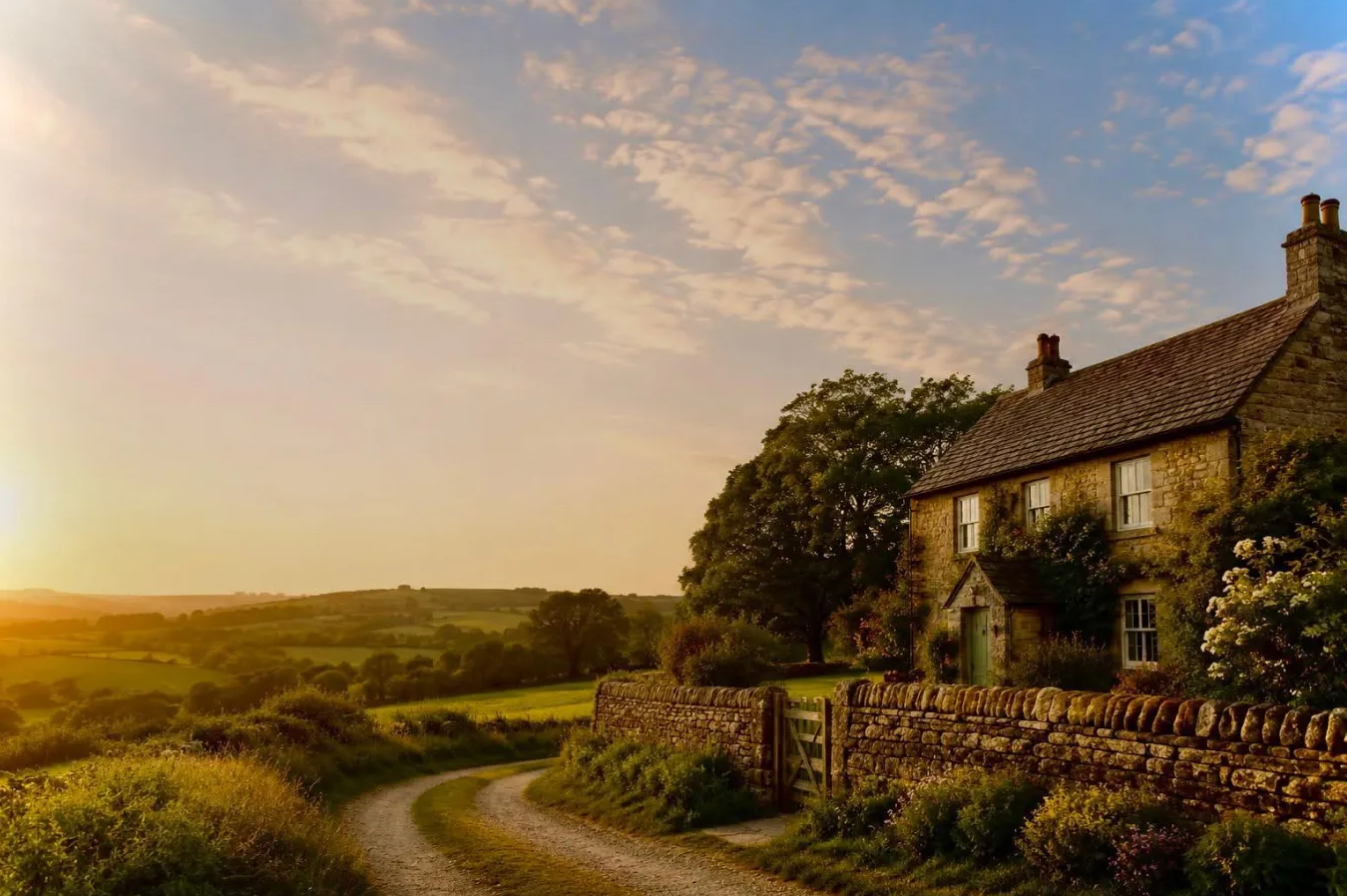 English countryside cottage at golden hour